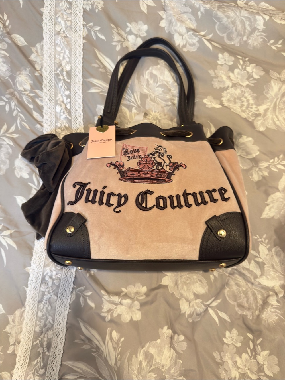 Juicy Couture Blush Pink and Black Embroidered Shoulder Bag